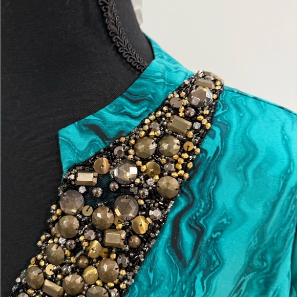 Silk Teal Long Sleeve Dress with Embellishments - Picture 4 of 14